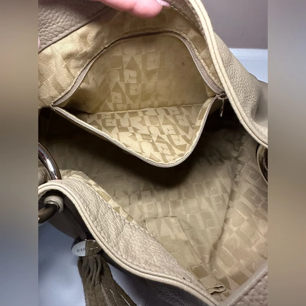 Furla Light Taupe Pebbled Leather Hobo Shoulder Bag with Tassel - EUC